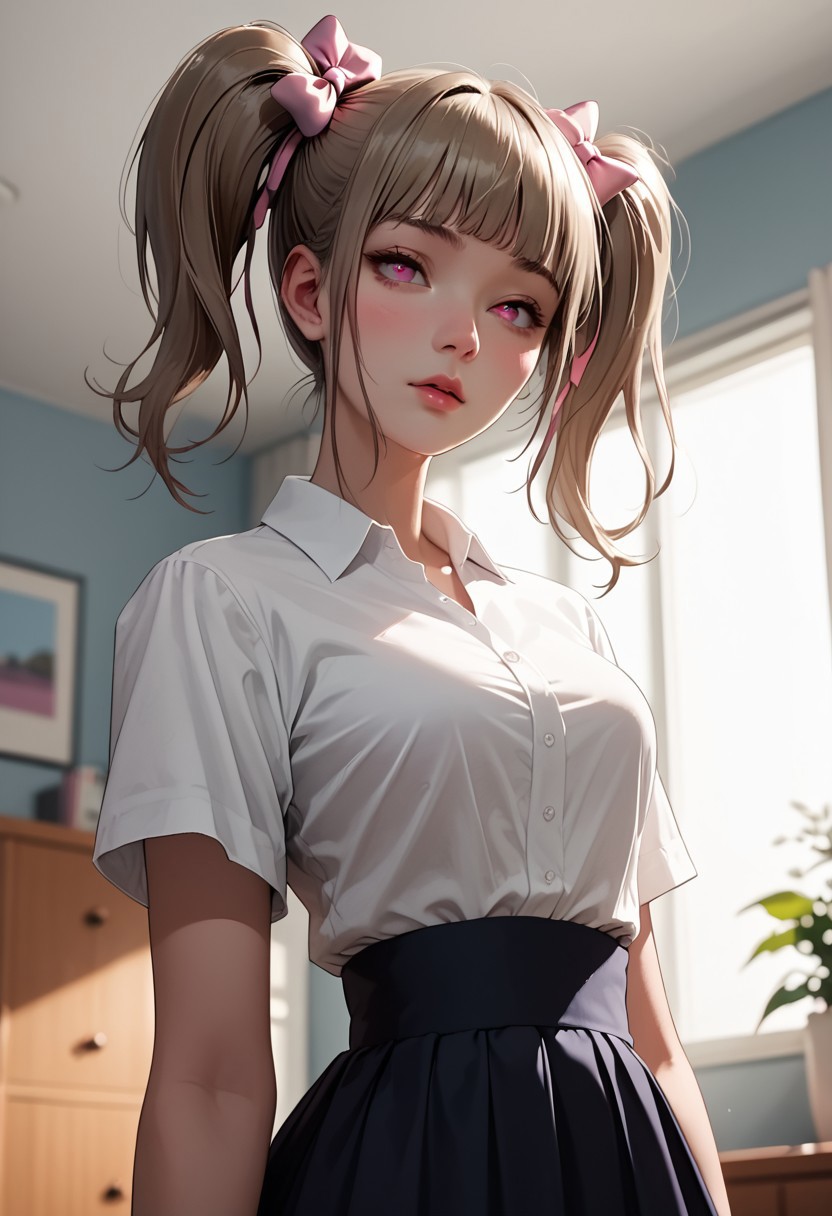 score_9, score_8_up,score_8, score_7_up,score_7,
masterpiece, high quality, solo, slim waist,small ass, sensual, seductive,high contrast,
medium shot, 45 degree angle, soft focus, shallow depth of field,portrait,
apartment,
 <lora:Ruri:0.6> ruri_cinn, bangs, 1girl, pink eyes, twintails, hair bow,skirt,