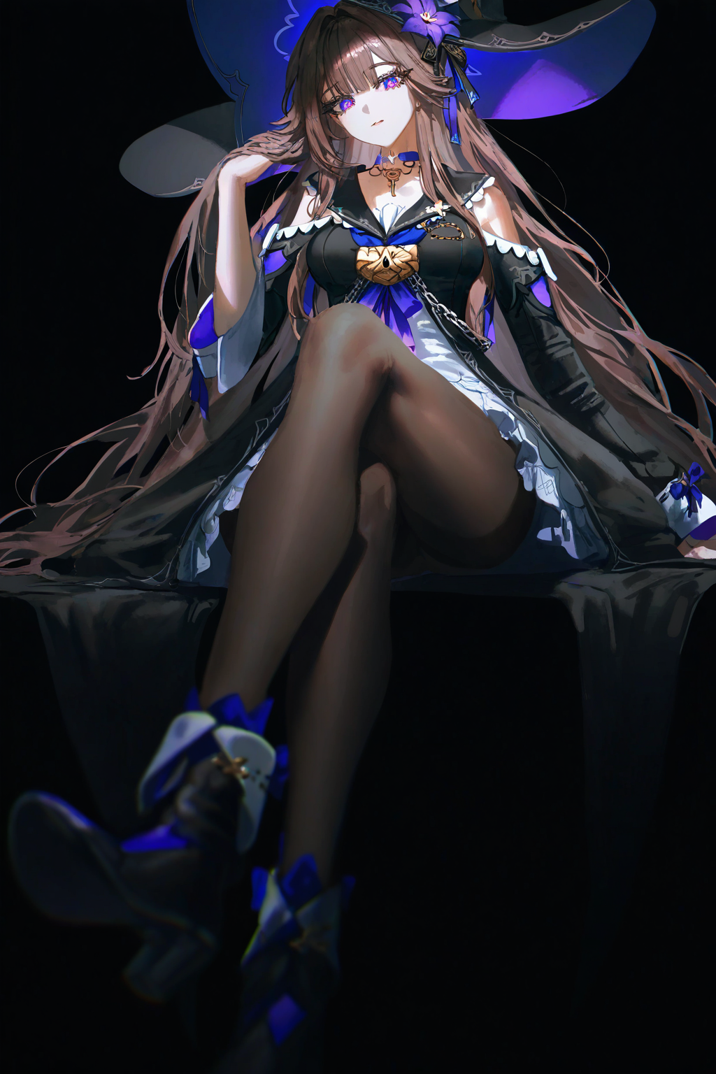masterpiece,best quality,artist:john_kafka,artist:nixeu,artist:quasarcake,chromatic aberration,film grain,black_theme,horror \(theme\),limited palette,high contrast,color contrast,cold colors,herta \(honkai: star rail\),1girl,aged up,anklet,black dress,black pantyhose,breasts,brown hair,dress,hand in own hair,hat,jewelry,large breasts,long hair,looking at viewer,necklace,pantyhose,purple eyes,simple background,sitting,very long hair,witch hat,crossed legs,from below,close-up,


very aesthetic, best quality, masterpiece, best quality, very aesthetic, highres, absurdres, sensitive
