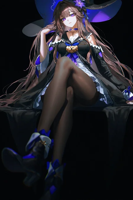 masterpiece,best quality,artist:john_kafka,artist:nixeu,artist:quasarcake,chromatic aberration,film grain,black_theme,horror \(theme\),limited palette,high contrast,color contrast,cold colors,herta \(honkai: star rail\),1girl,aged up,anklet,black dress,black pantyhose,breasts,brown hair,dress,hand in own hair,hat,jewelry,large breasts,long hair,looking at viewer,necklace,pantyhose,purple eyes,simple background,sitting,very long hair,witch hat,crossed legs,from below,close-up,


very aesthetic, best quality, masterpiece, best quality, very aesthetic, highres, absurdres, sensitive
