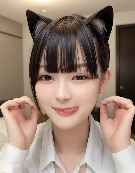 score_9, score_8_up, score_7_up,
(Composition from the waist up:1.3),
Beautiful Japanese Girl, Bobcut with bangs, Puffy face,
Wink, close one eye, Looking At Viewer, Cat pose, cat ears,
It's a subtle and flirtatious expression,
White collared blouse, Belly button, Illuminated hotel room,
sticking out side tongue,
peromilk, <lora:peromilk:1>
