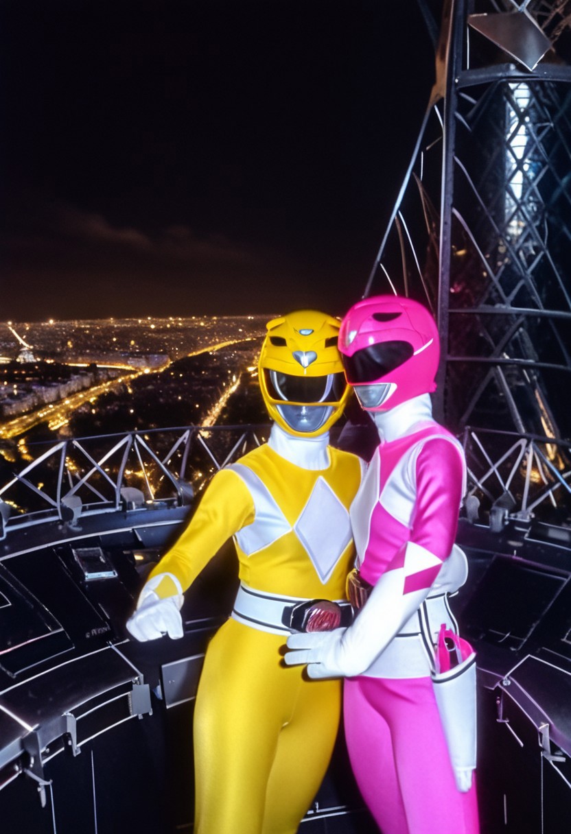 female yellow power ranger cuddling with female pink power ranger, facing camera, morphed, helmet, uniform, white gloves belt, holstered weapon, selfie from top of Eiffel Tower in Paris, midnight, hyperdetailed photography