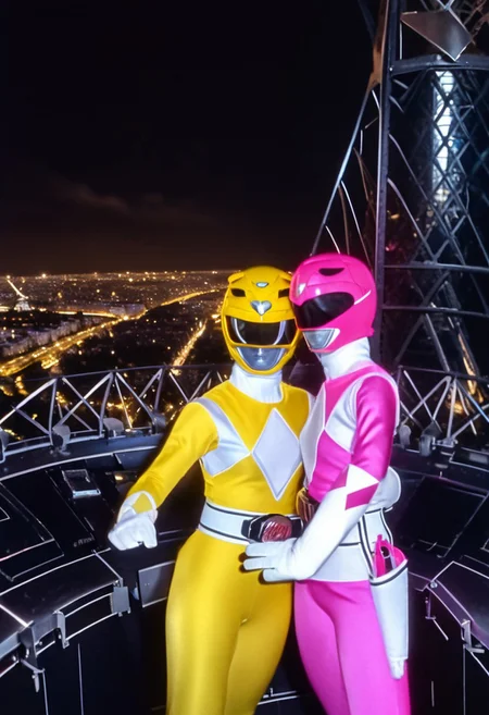 female yellow power ranger cuddling with female pink power ranger, facing camera, morphed, helmet, uniform, white gloves belt, holstered weapon, selfie from top of Eiffel Tower in Paris, midnight, hyperdetailed photography