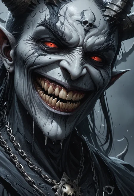 extreme close-up of demon priest's wicked smile, black ink dripping from his teeth, disturbing elegance, inked anime edge, digital painting, illustration, artwork, mobe-godeen <lora:GothicDetailEnhancerV1:0.75>,<lora:add-detail-xl:0.65>,
