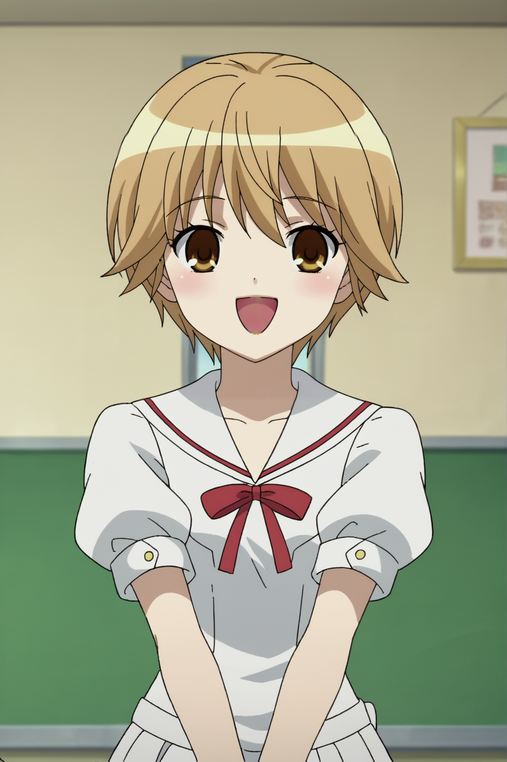 score_9, score_8_up, score_7_up,anime_source, source_anime, best background, detailed background, anime screencap,  Tsumuhana, Ookami school outfit, :d, happy, cross arms, victory fingers, indoors, sitting, cross legs, <lora:JN_ookami_kakushi:0.8>