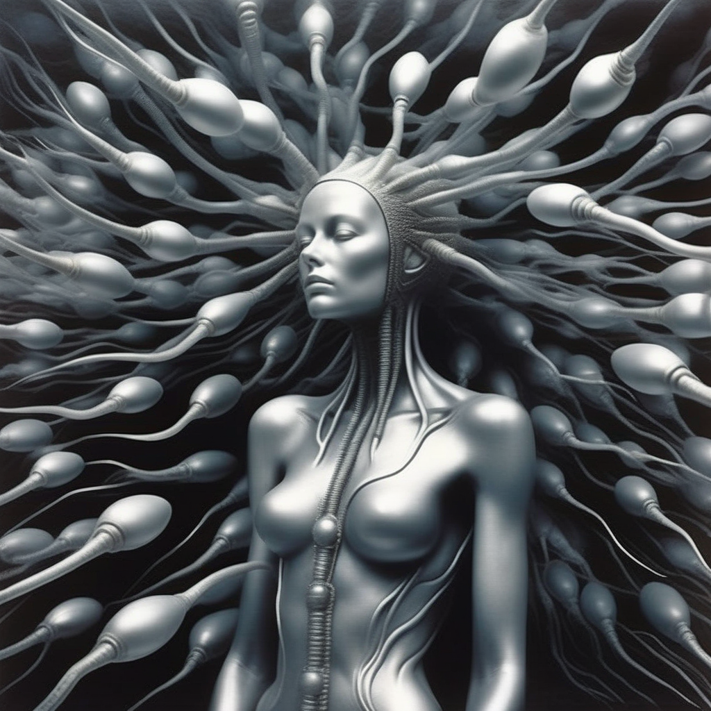 acyborg woman surrounded by a group of sperm spermazoid gametes, surrealistic, by giger <lora:gametes :1>