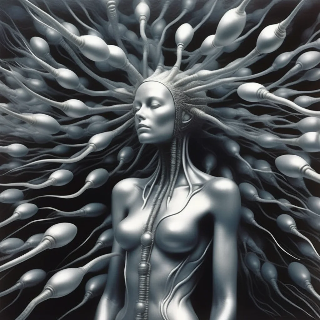 acyborg woman surrounded by a group of sperm spermazoid gametes, surrealistic, by giger <lora:gametes :1>