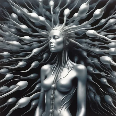 acyborg woman surrounded by a group of sperm spermazoid gametes, surrealistic, by giger <lora:gametes :1>