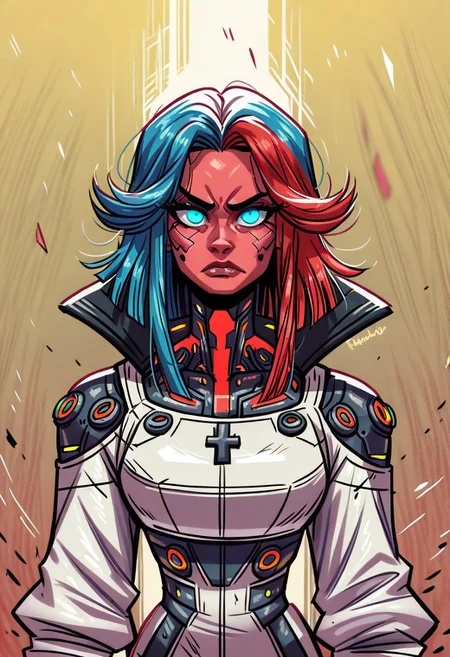<lora:OC_Rae_Character_LoRA_PonyXL:1>
score_9, score_8_up, score_7_up, score_6_up, 1girl, BREAK,
Ra3lyn, Cyberpunk Style, masterpiece, best quality, good quality, very aesthetic, absurdres, newest, 8K, depth of field, half-face demon, focused subject, portrait, dynamic angle, action shot, 1girl, solo, medium hair, split hair, split-color hair, two tone hair, blue hair, red hair, (low-tied_long_hair), front locks, twin locks, front locks, white clothing, looking at viewer, fierce look, organic, the cyborg is very sinister and dangerous, cross_draw, glowing katana, thermal katana, sword_draw, iaido, one_hand_on_sheath, unsheathing, duality, light and shadow, dark and bright
in the style of cksc, zPDXL <lora:PonyXL_Teelokay_Style_LoRA:0.8>