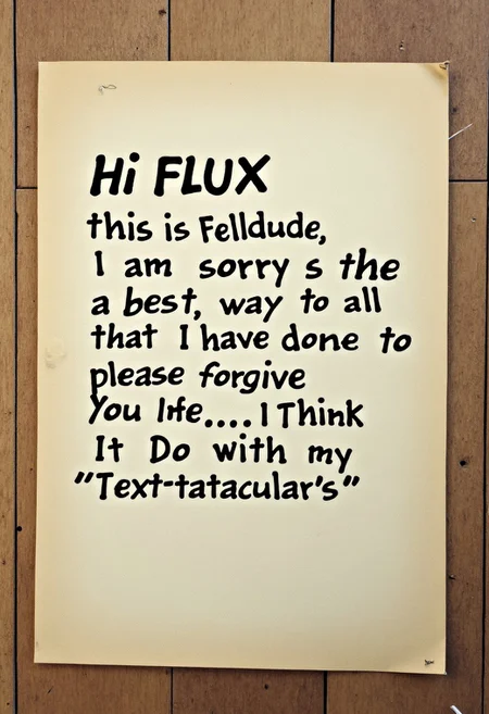 A letter that reads
"Hi FLUX this is Felldude, I am sorry for all that I have done to you please forgive me....I think it has something to do with my "Text-tacular's"