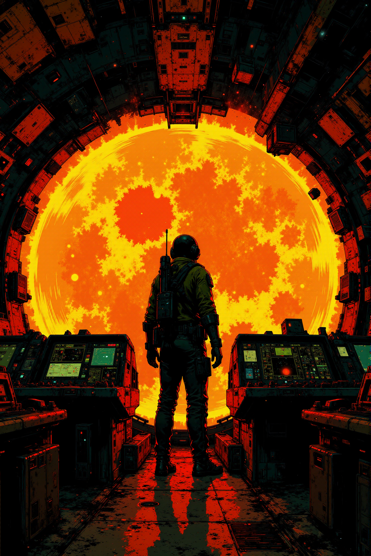 <lora:Vibrantly_Dark_style_v.1:0.85> VibrantlyDark style. Astronaut Overlooking a Gigantic Sun from a Futuristic Space Station. A breathtaking sci-fi illustration of a lone astronaut standing in the command center of a high-tech space station, gazing in awe at an enormous, blazing sun through the stationâs reinforced observation windows. The celestial giant glows with intense hues of molten orange and fiery gold, its swirling plasma storms and solar flares casting chaotic, mesmerizing patterns against the stationâs darkened interior. The control room is a labyrinth of complex machinery, blinking monitors, and metallic structures, their surfaces reflecting the sunâs scorching light. The astronautâs silhouette, clad in a rugged space suit, stands with a posture of contemplation, shadowed by the intricate scaffolding of the command deck. The entire station vibrates subtly with the raw power of the sunâs gravitational pull, creating an atmosphere of awe-inspiring scale and cosmic wonder. The color palette of deep blacks, smoldering oranges, and glowing reds immerses the viewer in the grandeur of space exploration, evoking themes of solitude, discovery, and humanityâs insignificance against the vastness of the cosmos.