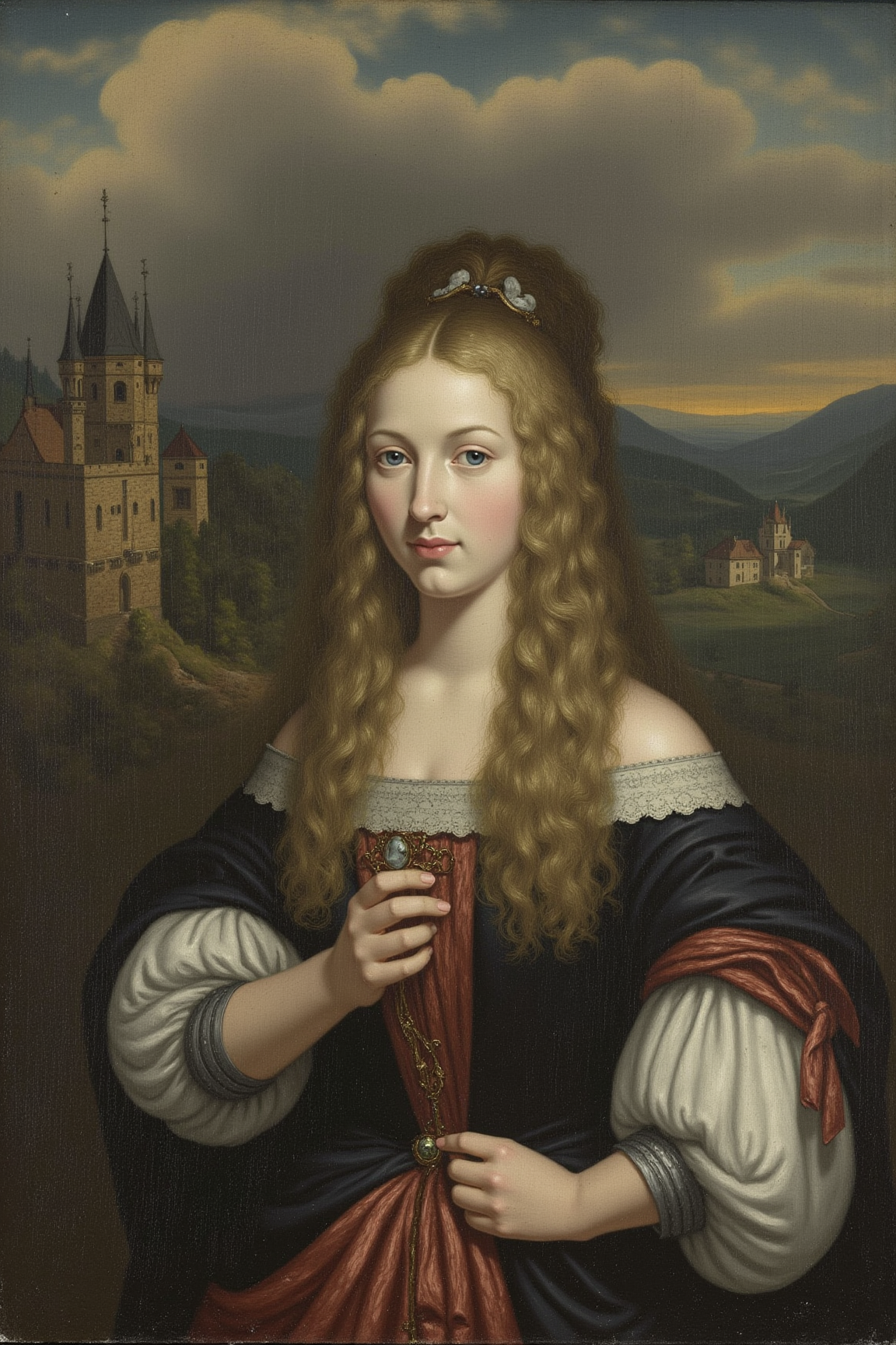 yfg-p@int, Landscape photo of a fantasy world with a medieval-style castle in the background, captured with an oil painter style and a broad flat brush set to heavy for deep texture. 
The composition should focus on placing the woman's figure at the center of the frame, slightly off-center to create balance with the dramatic landscape behind her, following the rule of thirds principle.