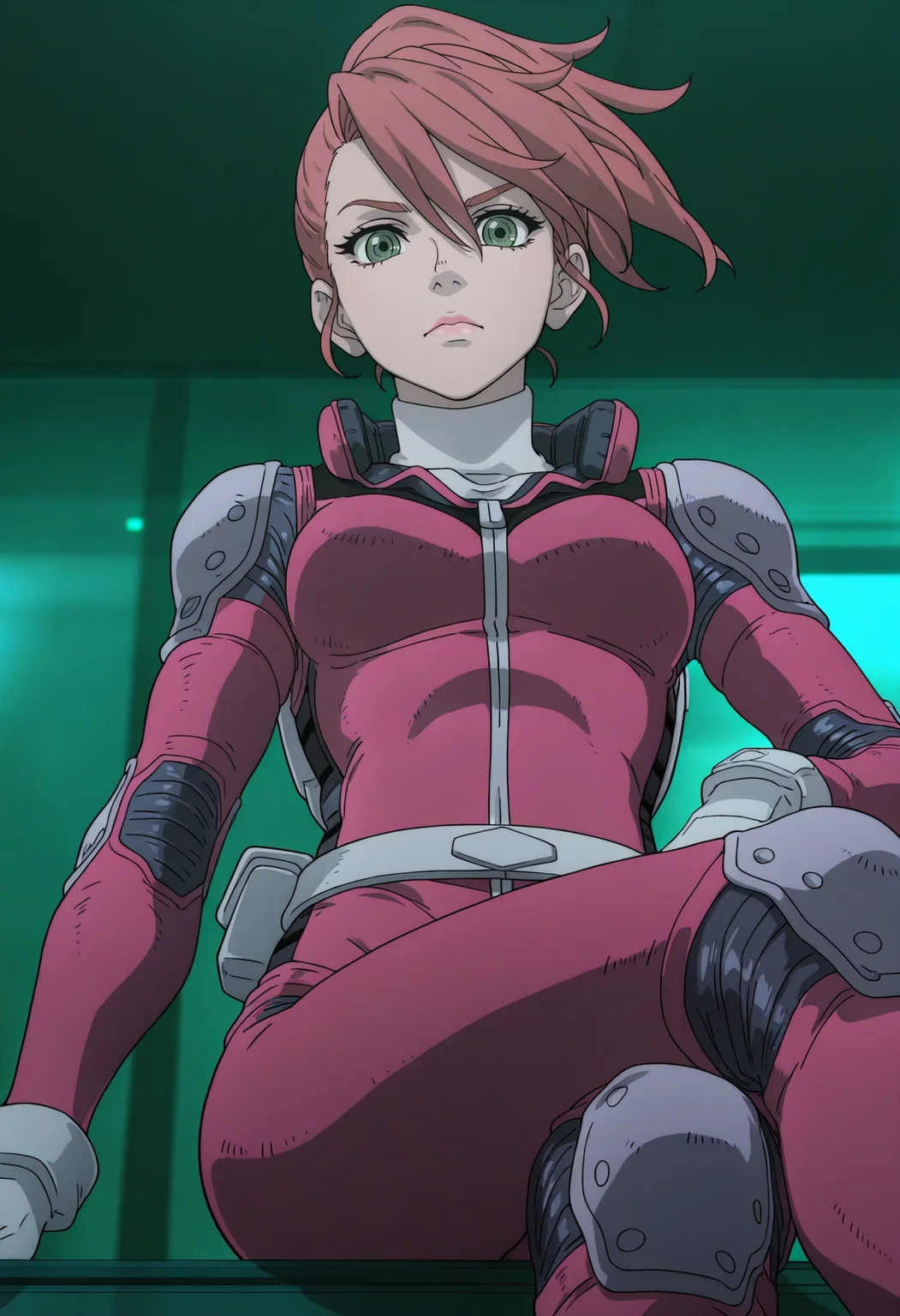 masterpiece, best quality, good quality, <lora:GTBBianca:1>, GTBBianca, 1girl, ponytail, pink hair, green eyes, pink lips, breasts,
white turtleneck, pink open pilot suit, white gloves, white belt,
sitting, crossed legs, from below, looking at viewer, serious,
BREAK hangar, indoors, bright background,