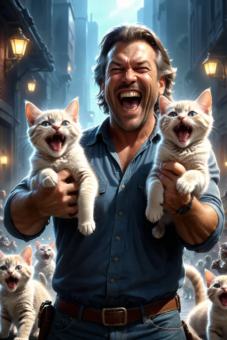 8k photorealistic cinematic by ((( Aaron Douglas ) and Ted Nasmith ) and Stephen Gammell ) and Robert Moran , man holding up two cute kittens while laughing maniacally, dual wielding kittens <lora:happy:0.25><lora:maniacal_laughter:1.75><lora:dual_pistols:0.35> , <lora:more_art:0.30> <lora:midjourney:-0.15> <lora:RMSDXL_Enhance:0.50> <lora:RMSDXL_Creative:0.50> <lora:RMSDXL_Photo:0.50> <lora:RMSDXL_Darkness_Cinema:0.50> <lora:clothing_slider:2.00> <lora:great_lighting:1.50> <lora:aesthetic:1.50> <lora:photorealistic_portrait:1.50> <lora:extremely_detailed:1.50> <lora:dpo:0.25> <lora:perfect_hands:0.50>