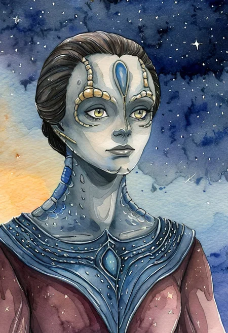 (watercolor sketch of a female c4rd45514n alien, forehead crest, grey skin, ridges, scales), black starry night time sky background full of stars, dressed in medieval garb