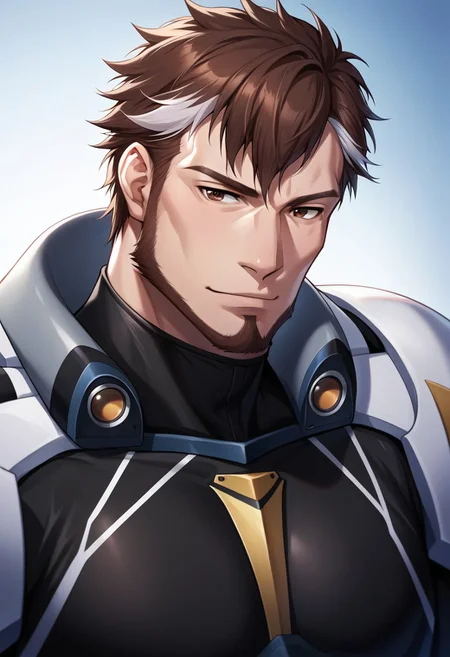 score_9, score_8_up, score_7_up, score_6_up, source_anime\(Macross Δ\), perfect anatomy, perfect proportions, best quality, masterpiece, high-resolution, high quality, aesthetic, absurdres, (male focus), solo male, Arad Mölders , brown hair, two-tone hair, streaked hair, sideburns, brown eyes, facial hair, chinstrap beard, jawline beard, mecha pilot suit, Delta Flight bodysuit \(Macross Δ\), Arad's bodysuit \(Macross Δ\), black tactical gloves, adult, mature, masculine, manly, handsome, charming, alluring, standing, upper body, dutch angle, cowboy shot, from below, feet out of frame