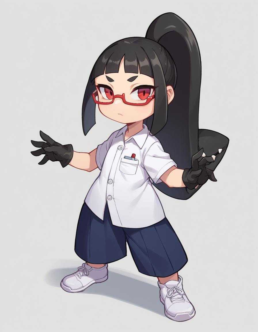 zPDXL, score_9, score_8_up, score_7_up, source_anime, 1girl, solo, 
<lora:Gijinka Mawile v1:0.6> mawile, black hair, blunt bangs, ponytail, red eyes, shortstack, doctor wearing a neatly pressed white shirt, slacks, white sneakers, gloves,eyeglasses,