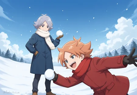 masterpiece,best quality,amazing quality, source_anime,
2boys, brothers, snowball fight, happy, laugh,
winter clothes, gloves,
FubukiAtsuya, 1boy, male focus, grey eyes, orange hair, red coat, white scarf, BREAK
fubukishirou, 1boy, male focus, grey hair, parted bangs, grey eyes, blue coat, red scarf, BREAK
outdoor, sky, day, clouds, snow,