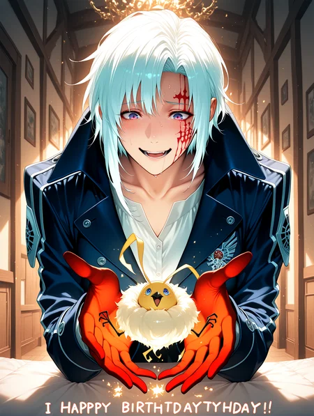 masterpiece, best quality, absurdres, amazing quality <lora:cfg_scale_boost:0.3> <lora:StS-Illustrious-Detail-Slider-v1.0:3> <lora:StS_Age_Slider_Illustrious_v1:3>,detailed_background,indoors,purple eyes,white hair,blue coat,white shirt,facial mark,guribo,d.gray-man,1boy,glowing,happy birthday,red hands,looking at creature,open mouth,highres,shirt,smile,solo,allen walker,colored extremities,creature,outstretched arms,coat,timcanpy,split-color clothes,black coat