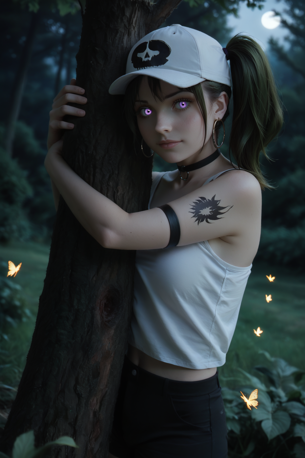 1girl, solo, <lora:ubel_ponyxl_v1:0.6>, ubel, green hair, side ponytail, purple eyes, glowing eyes, eye focus, looking at viewer, from side, standing, leaning back, dutch angle, arms behind back,
white tank top, (black shorts), white baseball cap, skull print, midriff, single off shoulder, hoop earrings, black choker, arm strap, shoulder tattoo, butterfly tattoo, glowing butterfly,
outdoors, tree, dark forest, gloom, (hugging tree:1.4), tall grass, nature, (night), night sky, starry sky, moonlight, <lora:lowlight:0.5>, dark, low light, glowing shirt, glowing tattoo, (glowing:1.2), glowing clothes, bioluminescence,
score_9, score_8_up, score_7_up, masterpiece, best quality, highly detailed, detailed skin, film grain, photo \(medium\), depth of field, <lora:fiz-rot_pony_v3:0.1>, (realistic:1.2), high quality, detailed, beautiful, shiny, detailed beautiful eyes, outstanding, countershading, detailed soft lighting, contrast, cinematic, film grain, zix