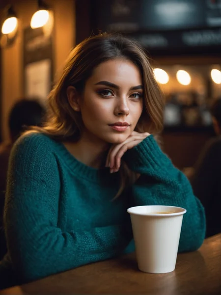 A dynamic cinematic photograph of Andrea_Michaels_P_MXAI_SDXL , wearing a cozy sweater, sitting in a cafe, holding a cup of steaming tea, flirty expression,, SK_CINEMATIC, ziprealism
