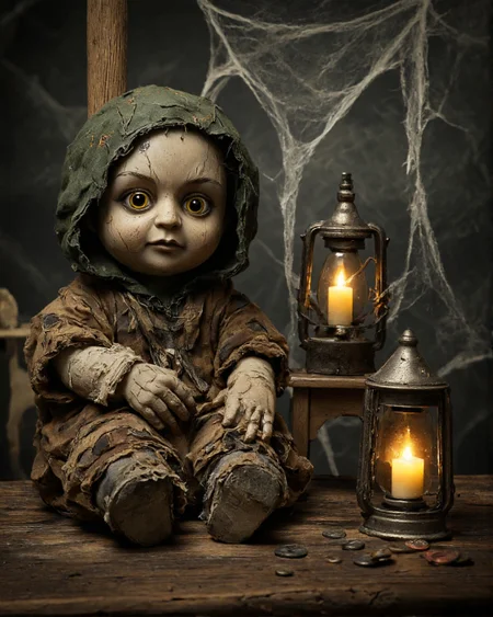 highly detailed, digitally created image of a doll that resembles a child. The doll has a pale, slightly weathered complexion with cracked skin, giving it an aged and worn appearance. Its large, glowing yellow eyes are the most striking feature, radiating an eerie, supernatural glow. The doll is dressed in tattered, ragged clothing, with a worn-out, torn green hood that covers its head. The doll's outfit is a mix of browns and grays, with visible patches and frayed edges, adding to its distressed look.
The doll is seated on a rustic wooden surface, with a wooden post behind it. To the right of the doll is an old-fashioned metal lantern with a lit candle inside, casting a warm, flickering light that contrasts with the doll's eerie glow. The lantern is positioned on a small wooden table, and nearby are various small, round objects, possibly coins or buttons, adding to the scene's rustic, old-world feel.
The background features a dark, shadowy backdrop with a spider web draped over the scene, enhancing the spooky atmosphere. The overall color palette is muted, with shades of brown, gray, and the warm glow of the candlelight. The image evokes a sense of mystery and unease., aidmaimageupgrader, aidmaMJ6.1