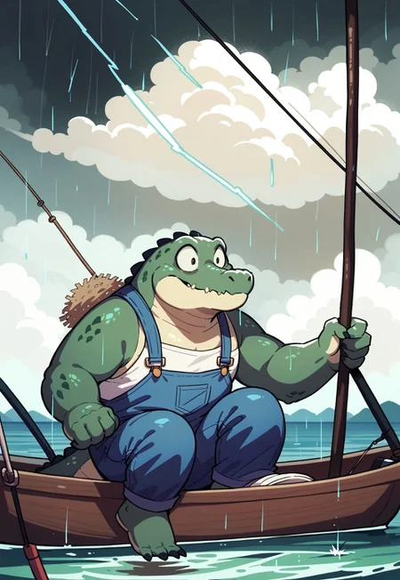score_9, score_8_up, score_7_up, rating_safe, (chueh), no humans, [animal focus], ocean, in boat, solo, crocodile, overalls, straw hat, fishing pole, rain, storm, cloudy, overcast, lightning, wide-eyed