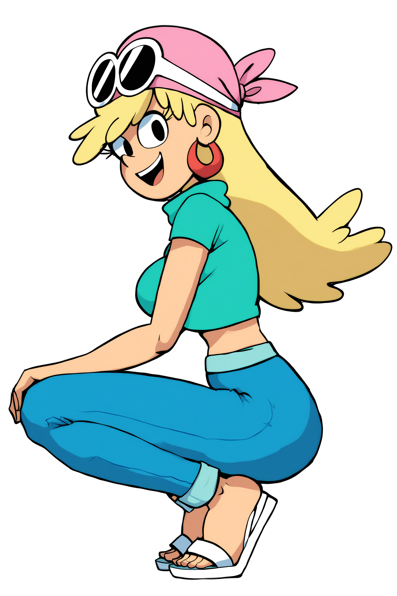 score_9, score_8_up,score_7_up, score_6_up, score_5_up, source_cartoon, (Cartoon:1.0), <lora:add_details_xl:1>
BREAK
<lora:Leni_Loud_XL-03:1>, Leni Loud, 1girl, solo, blonde hair, long hair, pink bandana, bandana on head, bangs, sunglasses, white-framed eyewear, sunglasses on head, black eyes, cartoon eyes, smile, open mouth, jewelry, red hoop earrings, (looking at viewer:1.5), (side view:1.5),
BREAK
full body, hands on own knees, breasts, busty, green turtleneck shirt, crop top, cropped shirt, short sleeves, midriff, denim, jeans, blue pants, white sandals, thighs, thigh gap, wide hips,  (squatting:1.3),
BREAK
simple background, white background, <lora:AfrobullPDXLresize:2>, afrobullstyle