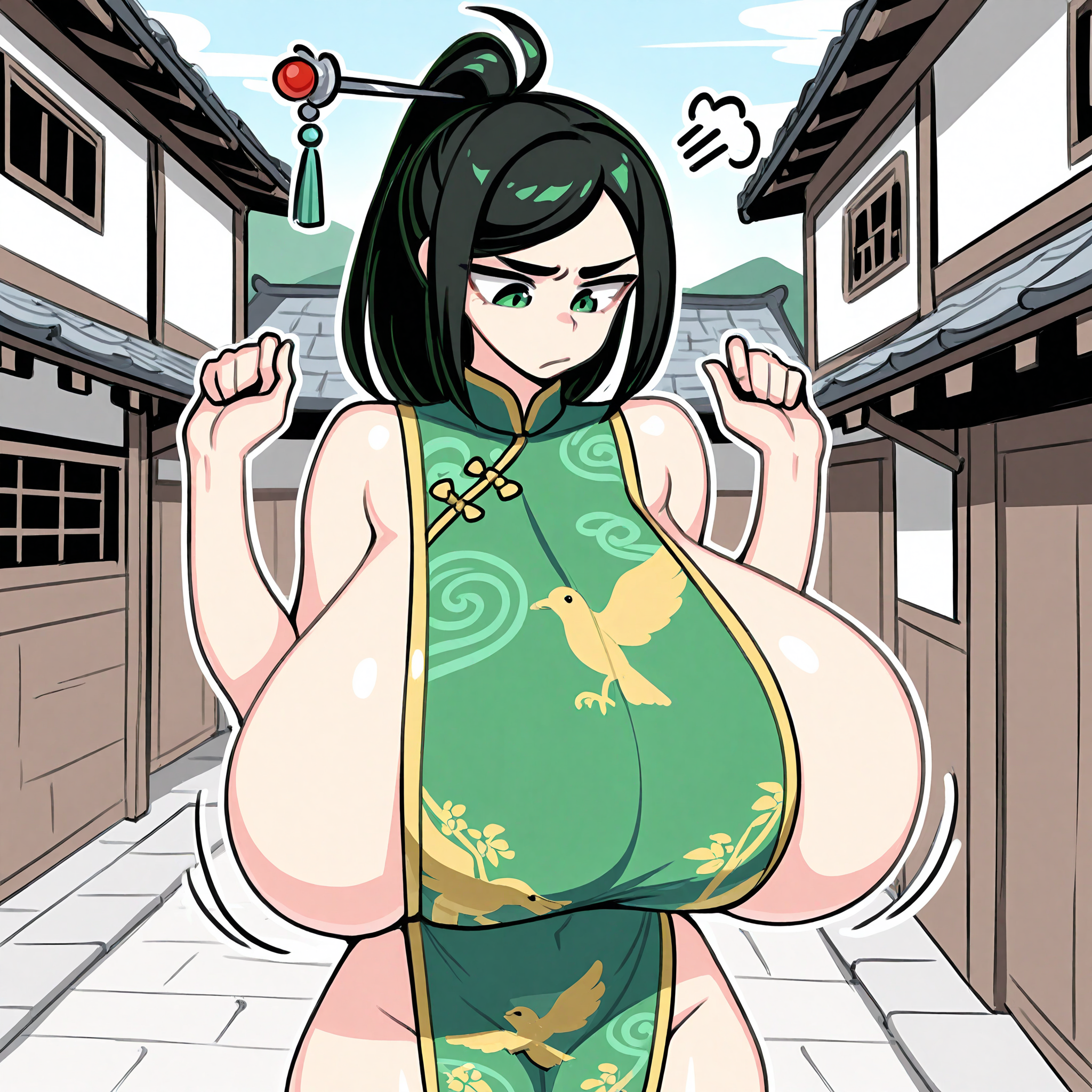 (masterpiece), best quality, (highly detailed), 1female, solo, <lora:Onaeane_style_Illustrious:0.8>, green chinese dress, black hair, long ponytail, green eyes, hairpin, sideboob, golden bird print, village, gigantic breasts, hands up, annoyed, motion lines, outdoor, looking down,