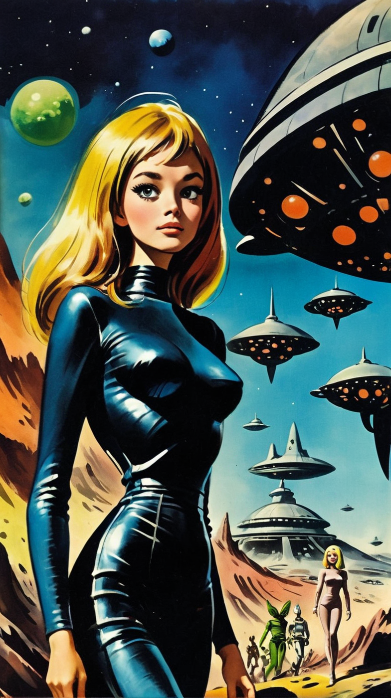 brlla1 a girl on a distant planet, with an alien ship and strange creatures in the background <lora:brlla1:1>