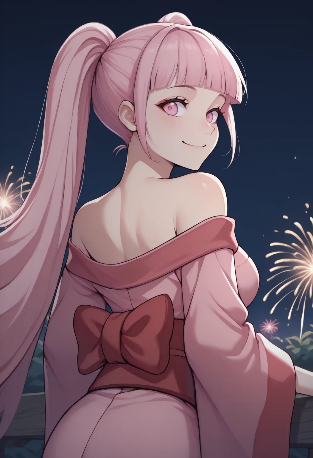 anime, masterpiece, best quality, <break> from behind, solo, 1girl, h1ldadef, smile, looking back, long hair, pink hair, blunt bangs, twintails, pink eyes, japanese clothes, pink kimono, off shoulder, red sash, bare shoulders, outdoors, night, fireworks
<segment:yolo-Anzhc Face seg 640 v2 y8n.pt,0.4,0.5//cid=1>