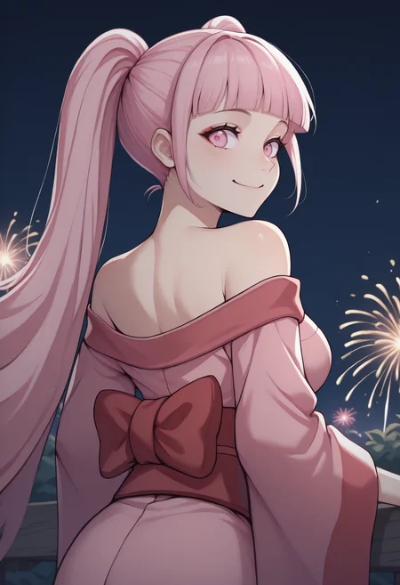 anime, masterpiece, best quality, <break> from behind, solo, 1girl, h1ldadef, smile, looking back, long hair, pink hair, blunt bangs, twintails, pink eyes, japanese clothes, pink kimono, off shoulder, red sash, bare shoulders, outdoors, night, fireworks
<segment:yolo-Anzhc Face seg 640 v2 y8n.pt,0.4,0.5//cid=1>