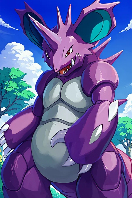 score_9, score_8_up, score_8, ,,, , ,,, zzNidoking, no humans, pokemon (creature), single horn, claws, <lora:NidokingPokedex_PDXL:1.0>, ,,, , BREAK, smile, looking at viewer, cowboy shot, ,,, outdoors, sky, day, cloud, tree, blue sky, sunny, ,,, Expressiveh, ,,, <lora:Alola_Style_PDXL:0.8>, <lora:Expressive_H-000001:0.4>,
