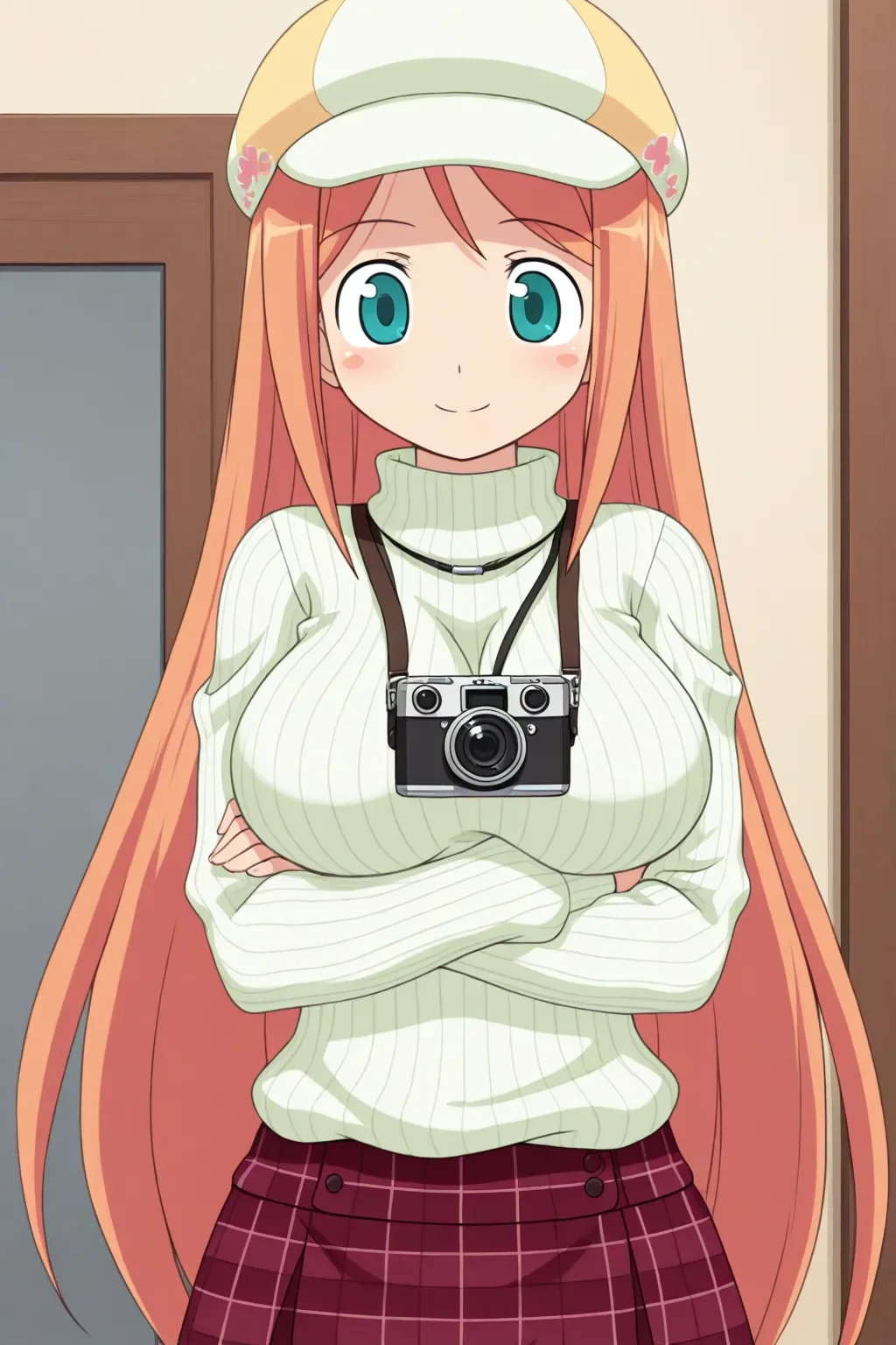 <lora:dokimajo2_sakurahimeki_ilxl:1>masterpiece, best quality, 1girl, solo, dokimajo2_sakurahimeki_ilxl, green eyes, sweater, camera, hat, turtleneck, ribbed sweater, Check pattern skirt, looking at viewer, smile, crossed arms