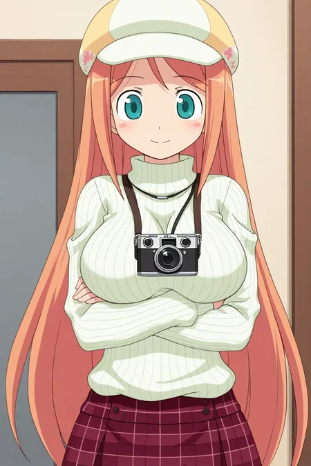 <lora:dokimajo2_sakurahimeki_ilxl:1>masterpiece, best quality, 1girl, solo, dokimajo2_sakurahimeki_ilxl, green eyes, sweater, camera, hat, turtleneck, ribbed sweater, Check pattern skirt, looking at viewer, smile, crossed arms
