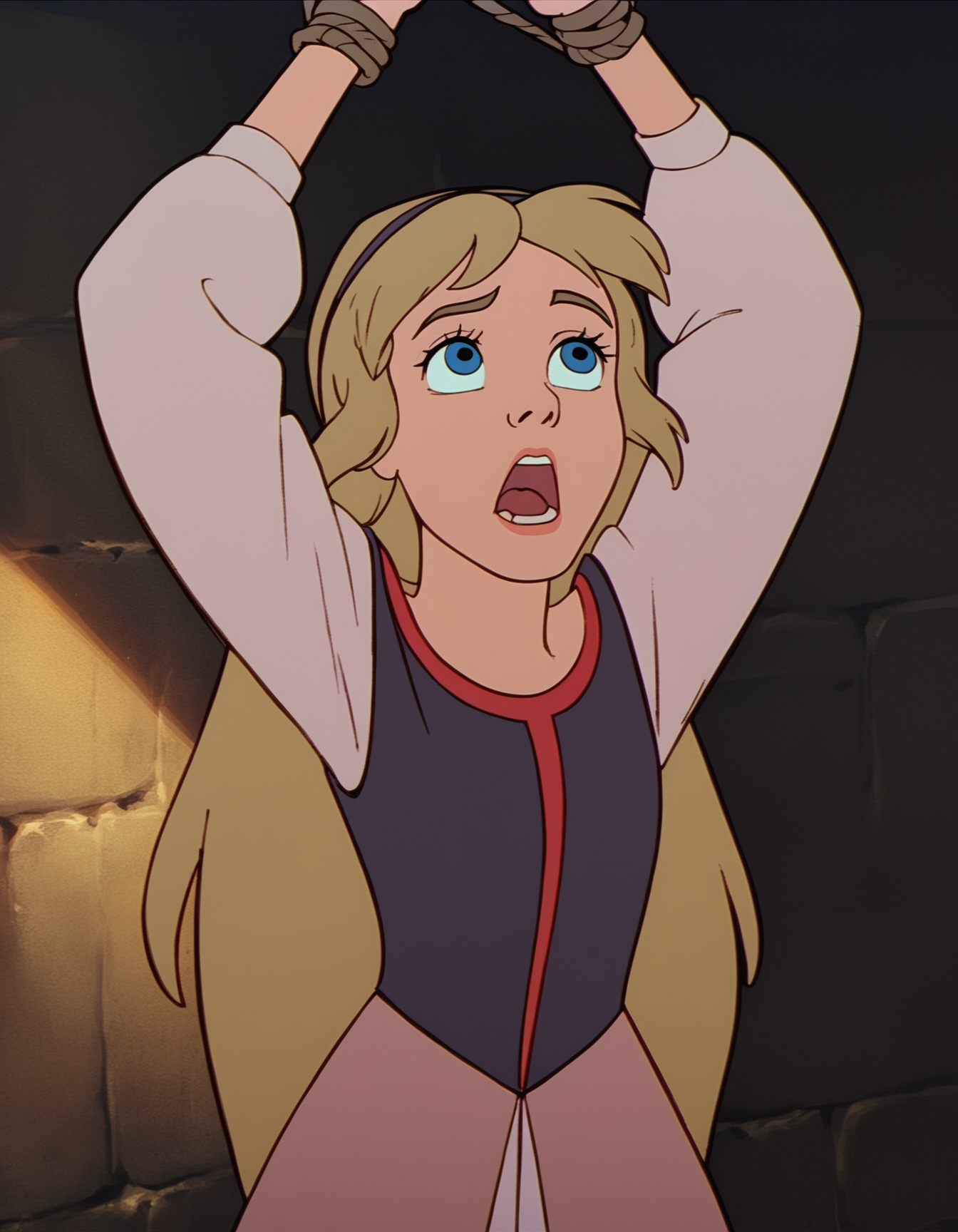 score_9,  score_8_up, score_7_up <lora:eilonwy-ponyxl-000050:1> eilonwy, dress, hairband,
1girl, solo, open mouth, arms up, looking up, bound wrists, dim lighting