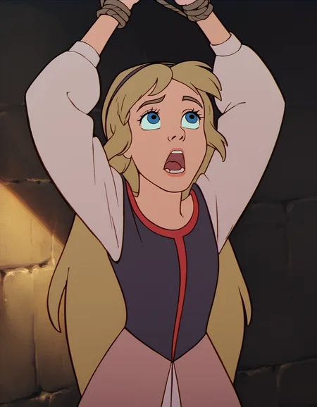 score_9, score_8_up, score_7_up <lora:eilonwy-ponyxl-000050:1> eilonwy, dress, hairband,
1girl, solo, open mouth, arms up, looking up, bound wrists, dim lighting