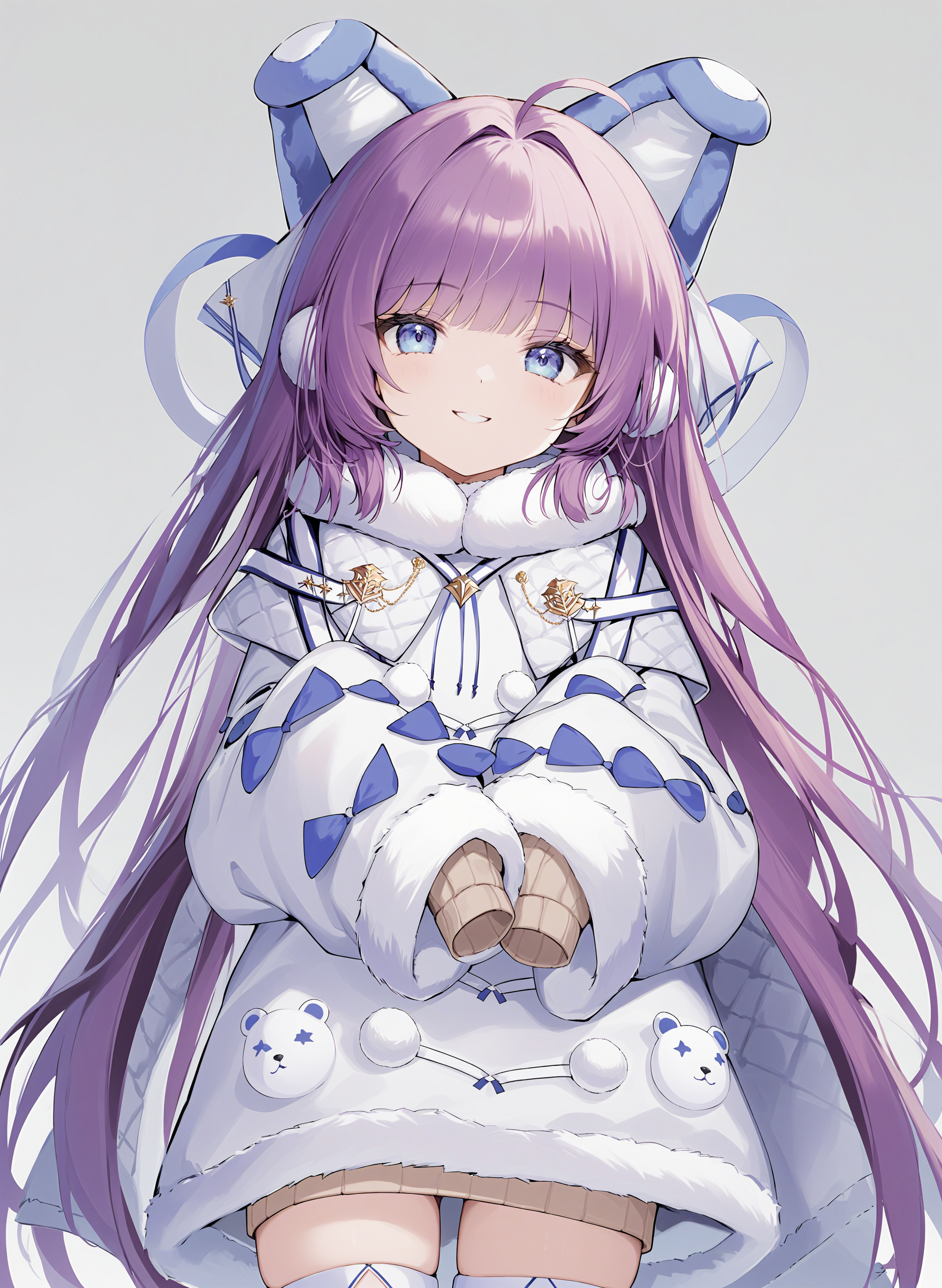 <lora:tashkent_xl_v1.1-000010:1>,tashkent,purple hair,blue eyes,
brown sweater,white coat,fur trim,winter clothes,thigh boots,sleeves past fingers,hair ornament,fake animal ears,
smile,closed mouth,
upper body,
white background,
