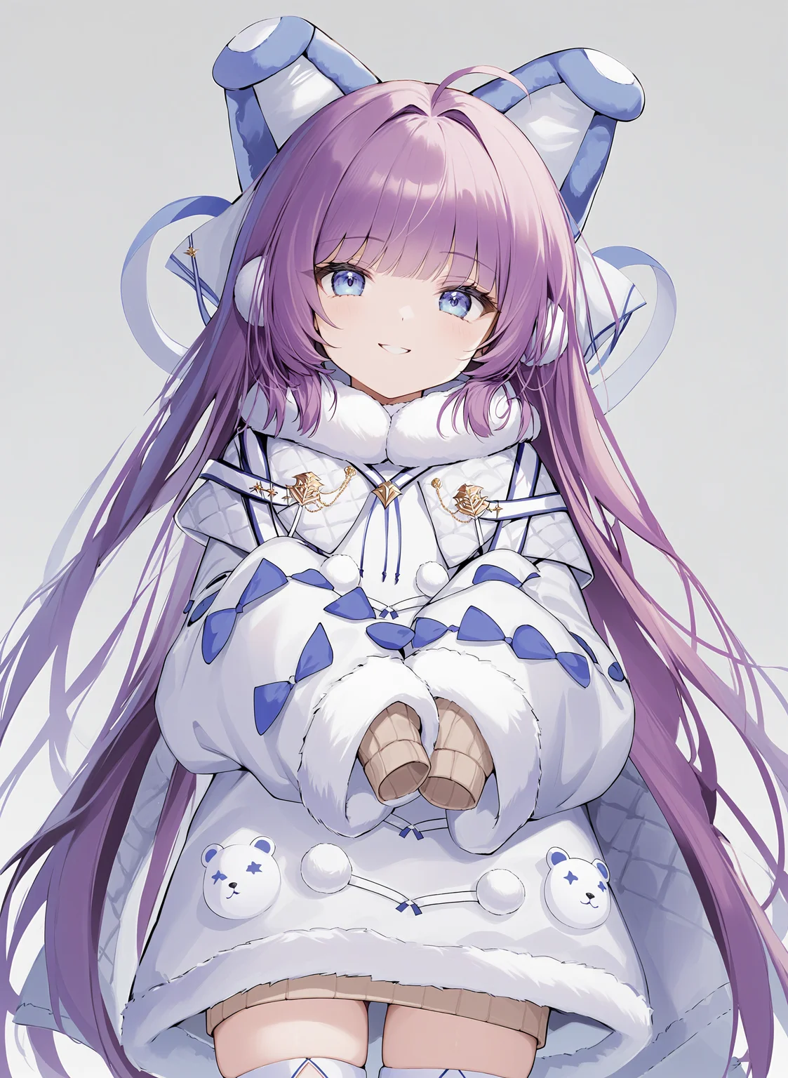<lora:tashkent_xl_v1.1-000010:1>,tashkent,purple hair,blue eyes,
brown sweater,white coat,fur trim,winter clothes,thigh boots,sleeves past fingers,hair ornament,fake animal ears,
smile,closed mouth,
upper body,
white background,