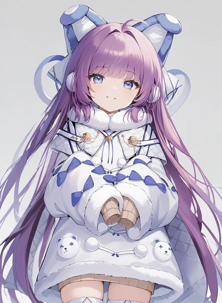 <lora:tashkent_xl_v1.1-000010:1>,tashkent,purple hair,blue eyes,
brown sweater,white coat,fur trim,winter clothes,thigh boots,sleeves past fingers,hair ornament,fake animal ears,
smile,closed mouth,
upper body,
white background,