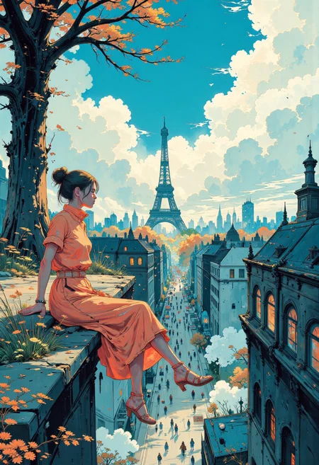 A dynamic anime-style illustration of a glamour woman sitting on the edge of a building in paris, overlooking the eiffel tower, high above the city. She has her legs stretched forward with her hands gently resting on her knees, her upper body leaning slightly forward. her cat rests next to her on the ledge. She wears a bright pink dress, and vibrant pink sandals with white soles. Her golden blonde hair flows naturally in the breeze.
The background features a vivid urban parisian cityscape , with detailed buildings, small cars, and bustling streets far below. The perspective emphasizes depth and height, creating a thrilling and adventurous atmosphere. The color scheme is dominated by bright blue and pink tones, with orange and green elements.
The sunlight casts soft, warm shadows, enhancing the vibrant and energetic mood. The overall composition is dynamic and asymmetrical, with a strong sense of scale and movement in the scene.
<lora:Anime v1.3:1.2> <lora:Blue_Future:0.9>, painted world