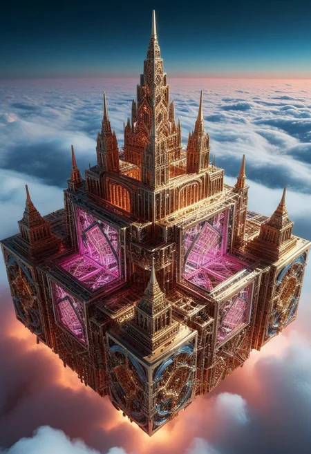 lazympos, qu4ntum, brass, chrome, neon lights, fractal patterns, megastructure, city, above clouds, isometric