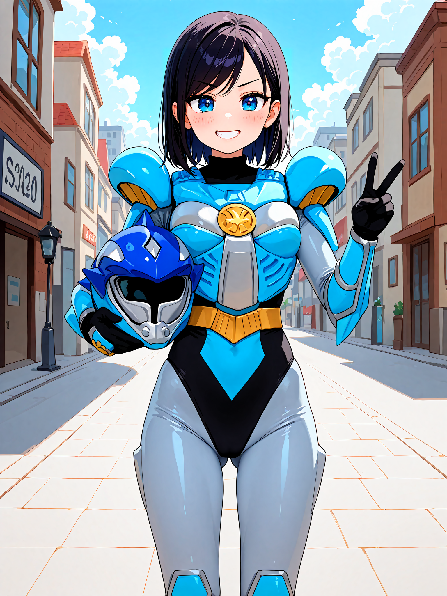 1girl, solo, sazerpisces, armor, black leotard, blue leotard, silver bodysuit, belt, gauntlets, black gloves, boots, <lora:Sazer_Pisces:1>, BREAK,
black hair, blue eyes, medium hair, hair behind ear, swept bangs, BREAK,
helmet removed, holding helmet, v, cowboy shot, ass visible through thighs, BREAK,
v-shaped eyebrows, smile, teeth, blush, looking at viewer, BREAK,
outdoors, city, street, blue sky, cloudy sky