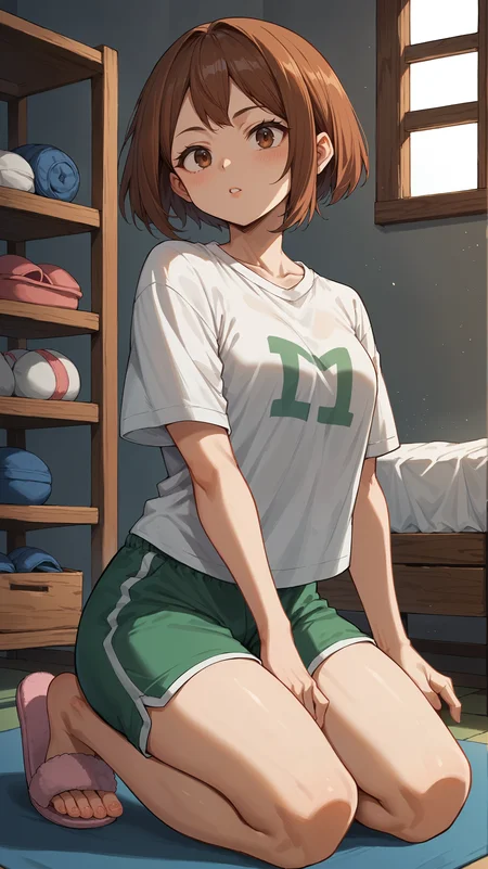 score_9,score_8_up,score_7_up,score_6_up, source_anime, zPDXL3, <lora:xl_more_art-full_v1:0.5>, girl, dynamic pose, kneeling, <lora:Ochaco Uraraka (Uravity) - Pony-000004:0.8>, short hair, brown hair, brown eyes, oversized t-shirt, white t-shirt, gym shorts, green shorts, pink slippers, dorm, dormitory,