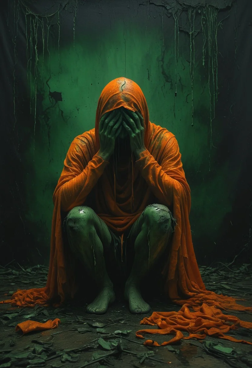 A (((dark orange and distressed mind))), overflowing with sorrow and anguish, yet clinging to the remnants of hope amidst the desolation. The scene is a haunting tapestry of emotions, evoking a sense of green melancholy and introspection that invites the viewer to contemplate the mental health of the person who bothers