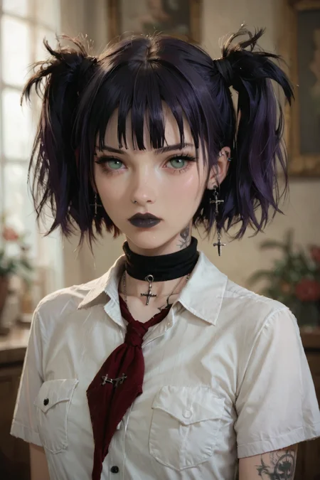 score_9, score_8_up, score_7_up, score_6_up, gthan, Gothic, goth, 1girl, lena, solo, short hair, purple hair, jewelry, looking at viewer, necklace, cross, portrait, bangs, green eyes, closed mouth, black lips, turtleneck, blurry background, white shirt, collared shirt, short sleeves, breast pockets, red neckerchief, lips, piercing, tattoos, blurry, twintails, short twintails, two side up, eyelashes, (little statute:1.5), (petite:1.4), (small proportion:1.3), <lora:GTHAN:0.6>, <lora:Lena:0.55>, <lora:Goth_character:0.4>