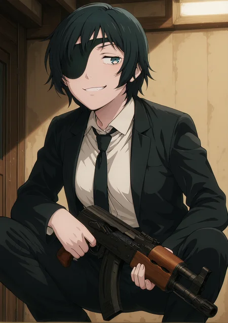 volumetric lighting, official style, amazing quality, ultra detailed, highres, detailed background,anime coloring, (anime screencap) masterpiece, detailed face,1girl <lora:Himeno__:0.8>Himeno, eyepatch, black hair, necktie, black necktie, formal, suit, short hair, shirt, collared shirt, white shirt, black jacket, jacket, solo, black suit, turquoise eyes, cowboy shot, <lora:draco_pistol:1>ak draco pistol, holding weapon, looking away from viewer, weapon focus,<lora:slav_squatting_pony_IL_v1:1>slav_squatting,squatting, smug expression