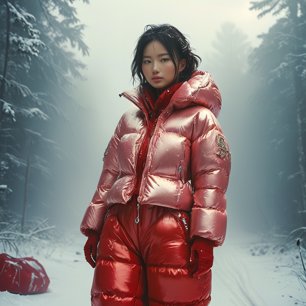 (Midjourney like), minimalistic photography style,pink ( asian 40 year old women wearing puffy leggings snowpants  red jacket snowpants  skilegs:1.15), extra_puffy_jacket, louis Vuitton clothing style, in the style of battle worn (ultra- realistic details:1.1), surrealism, poetic, blink-and-you-miss-it detail, stylish costume design,smile, winter frozen scene, bright and shiny eyes,lost in the snow
 <lora:Puffer_Jacket_and_Down_Jacket_-_Extra_Puffy_Jackets:0.6> <lora:MJ52:1>  <lora:zavy-cntrst-sdxl:0.7> <lora:snowpants_v1-000003:0.6>