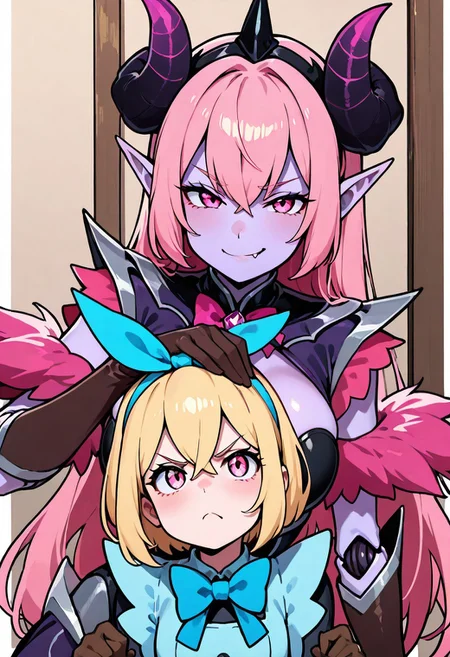 masterpiece, best quality,   (asymmetrical docking:1.1), smug, large breasts, upper body, looking at another, fang, frown, angry,   
zzSelena, pink eyes, purple skin, pink hair, hair between eyes, long hair, horns, pointy ears, demon horns,   cleavage, leotard, black gloves, large breasts, elbow gloves,
angelamobile, looking at viewer, short hair, blonde hair, gloves, long sleeves, bow, ribbon, long hairband, bowtie, pink eyes, blue bow, brown gloves, pink clothes, joints, 
petting,