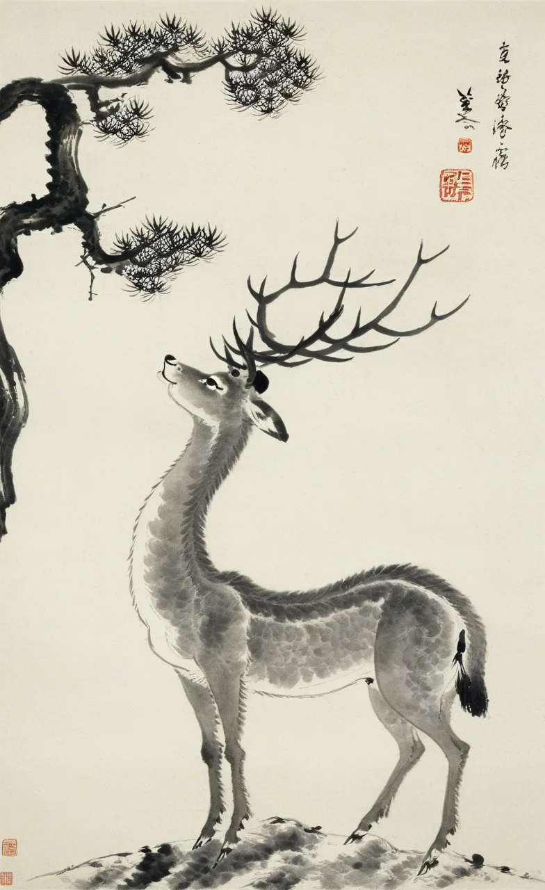 <lora:å
«å¤§å±±äººç»é£-000009:0.8>,no humans, fine art parody, tree, deer, traditional media, branch, antlers, animal, solo, monochrome, animal focus, signature, pine branches, traditional asian art, vertical composition, brushwork, black and white, paper texture, wildlife, nature, calm expression, ancient artistic style, stamp seal, fine art, elegance, serenity., Chinese text, calligraphy, ink wash painting, traditional chinese painting,