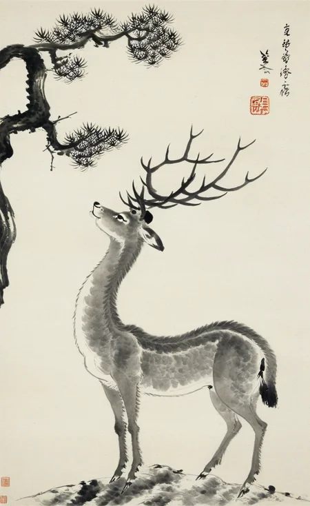 <lora:å
«å¤§å±±äººç»é£-000009:0.8>,no humans, fine art parody, tree, deer, traditional media, branch, antlers, animal, solo, monochrome, animal focus, signature, pine branches, traditional asian art, vertical composition, brushwork, black and white, paper texture, wildlife, nature, calm expression, ancient artistic style, stamp seal, fine art, elegance, serenity., Chinese text, calligraphy, ink wash painting, traditional chinese painting,
